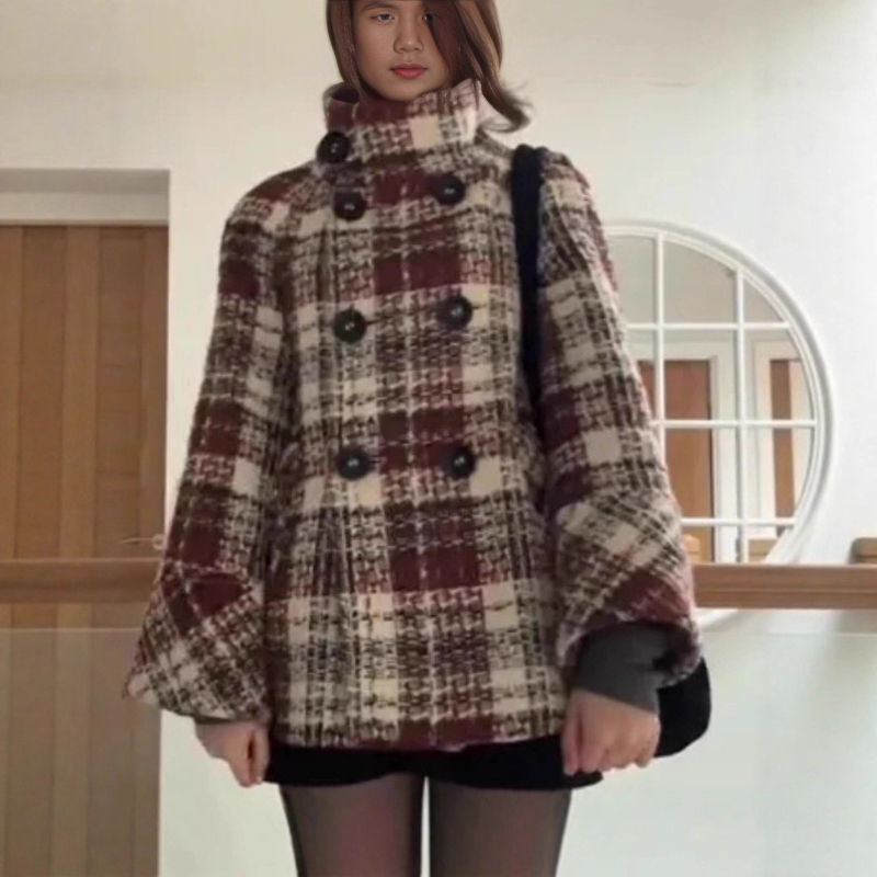 Wool Coat Peacoat - Mantel Wanita Motif Kotak-kotak Hangat dengan